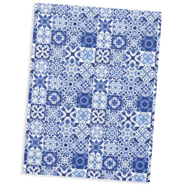 Nappe Carreaux Bleus Bleu Méditerranéen Motif Aquarelle (Mediterranean blue and white watercolor tile print tablecloth)