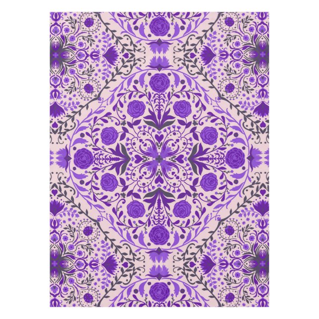 Nappe Carreaux floraux en violet et coton bonbon rose (Devant)