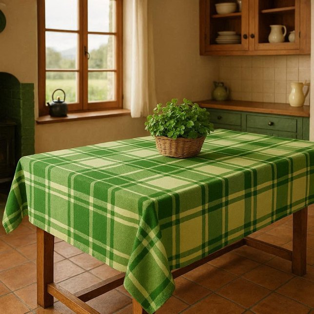 Nappe Carreaux vert irlandais et blanc  (An Irish-inspired kitchen featuring a green plaid tablecloth and a basket of shamrocks)