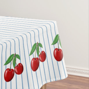 Nappe Cerises Rouges sur Motif Graphique à Rayures Bleue