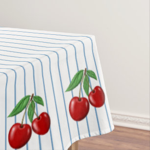 Nappe Cerises Rouges sur Motif Graphique à Rayures Bleue