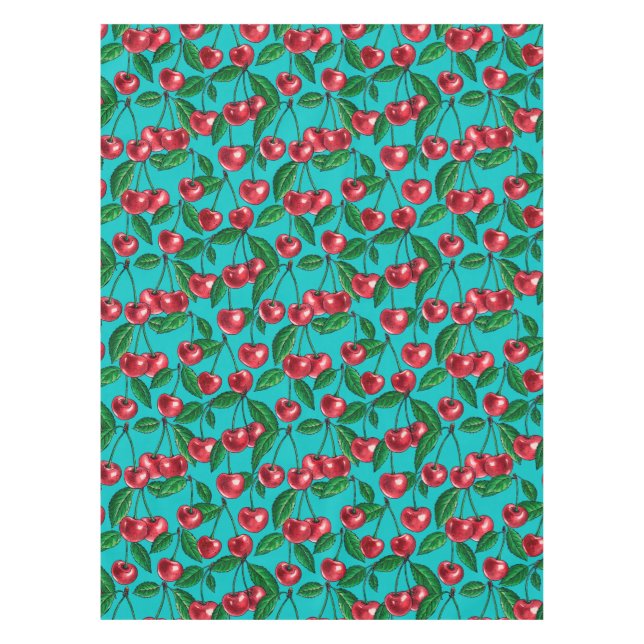 Nappe Cerises rouges sur turquoise (Devant)