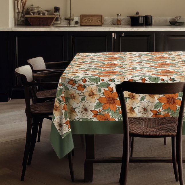 Nappe Charme automne terre cuite fleurs blanches sauge (Charming autumn terracotta white flowers sage tablecloth)