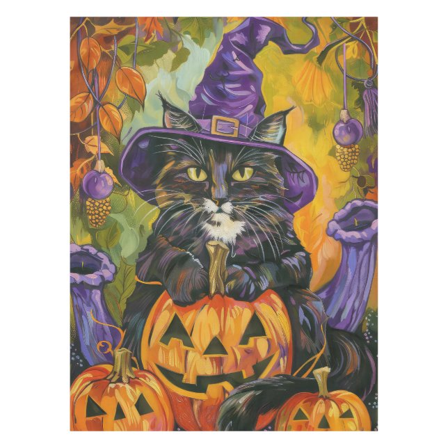 Nappe Chat Tuxedo Effrayant Halloween Sorcière et Citrou (Devant)