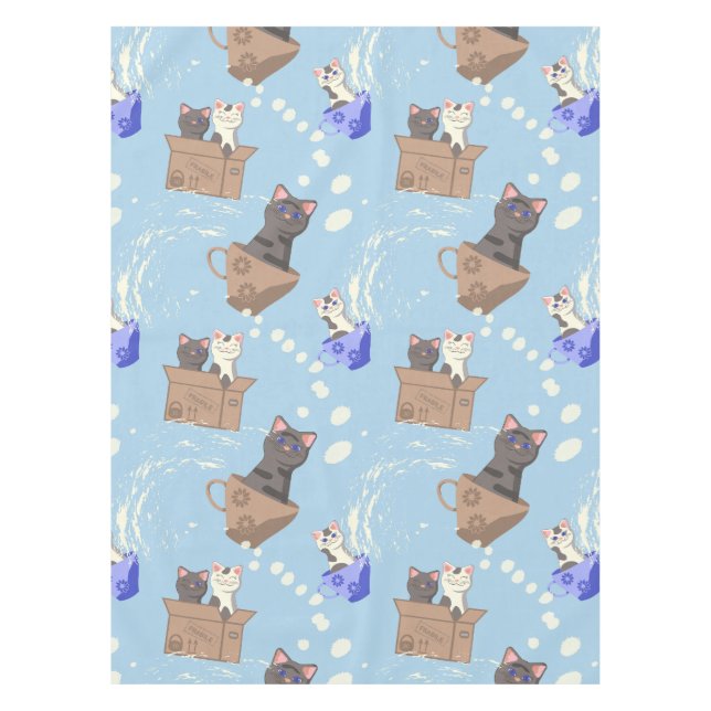 Nappe Chats en boîte et gouttes de lait sur bleu (Devant)