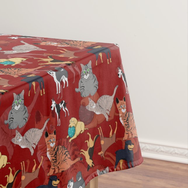 Nappe Chats et chiens motif design sur fond rouge (In Situ)