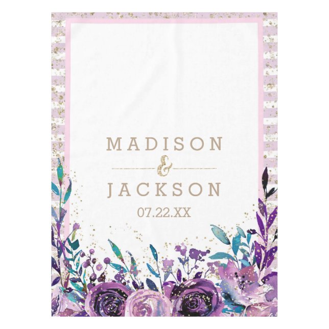 Nappe Chic Champagne Floral Mariage or violet Monogramme (Devant)