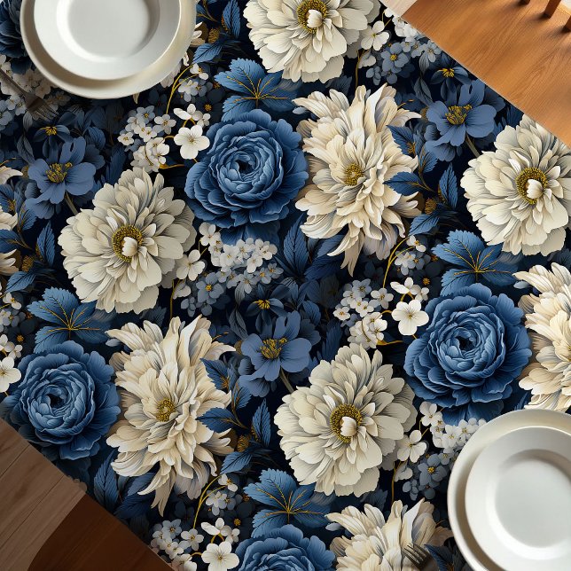 Nappe chic fleurs roses ivoire bleu designer (Designer Blue Ivory Floral Chic Tablecloth)