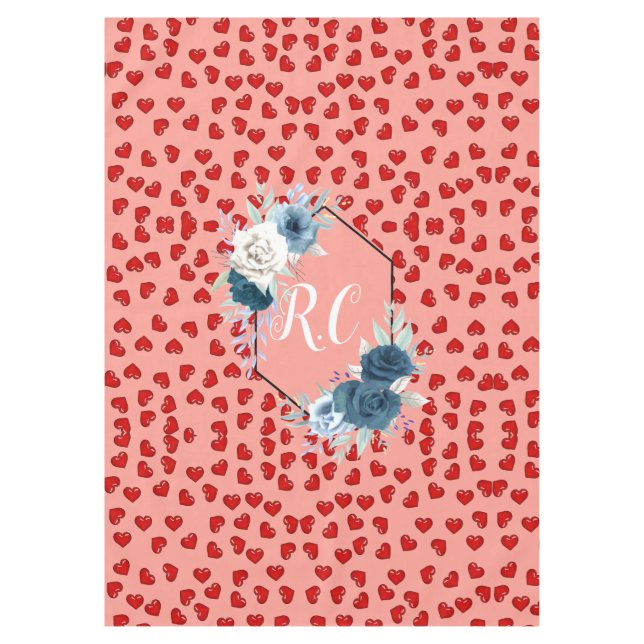 Nappe Chic monogrammé rouge coeur fleur bleue sur rose (Devant)