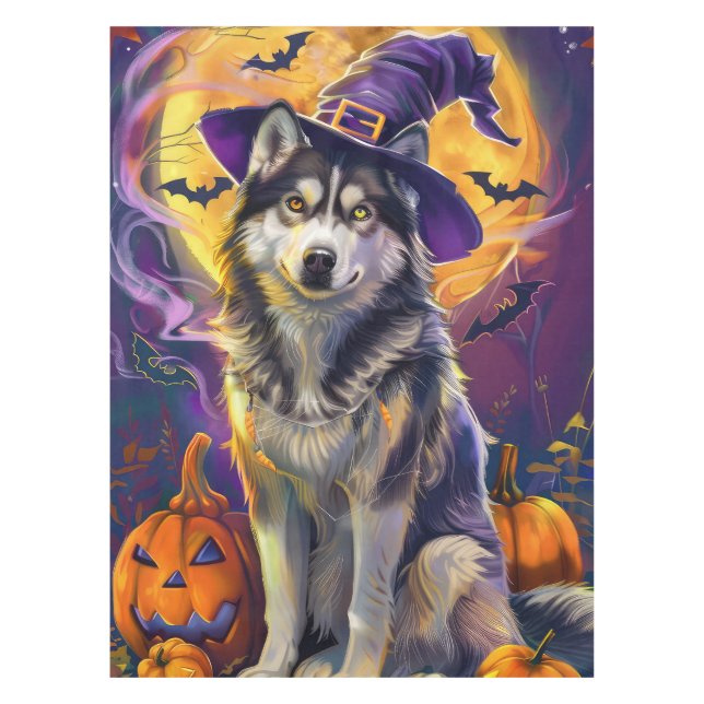 Nappe Chien Husky Sibérien Effrayant Halloween Sorcière  (Devant)