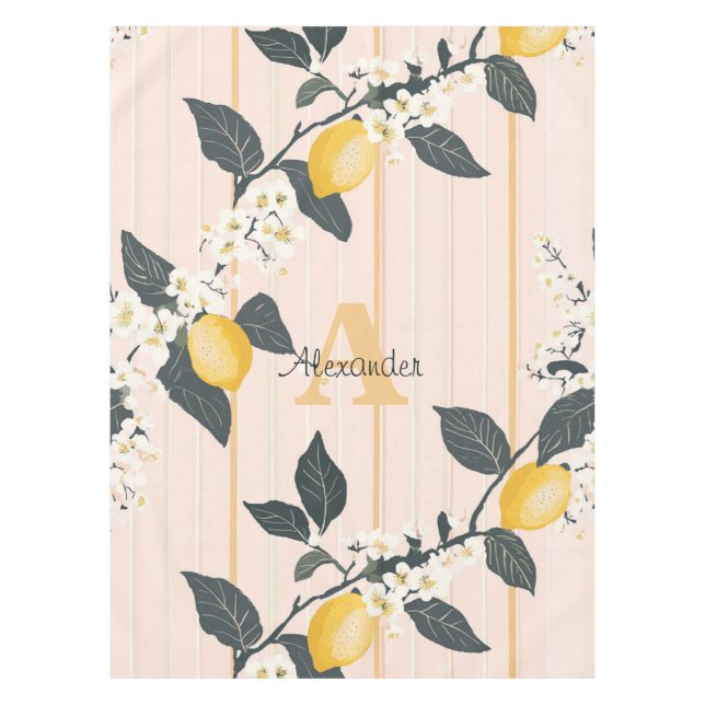 Nappe Citrons et fleurs vintages sur bandes roses (Devant)