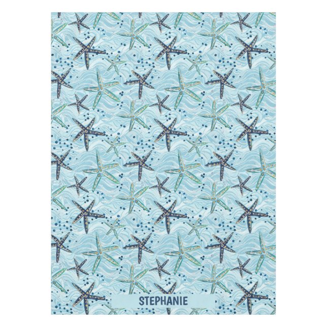 Nappe Clair bleu et or Starfish sur Ocean Wave Motif (Devant)