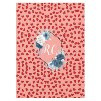 Nappe Cœur rouge minimaliste & Monogramme de fleur bleue