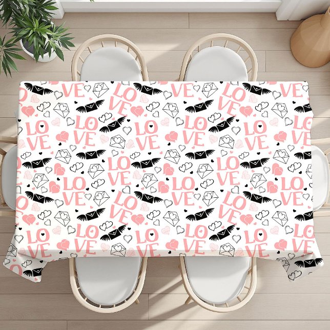 Nappe Cœurs roses et noirs Lettrage d'amour Saint-Valent (Pink and Black Hearts Love Lettering Valentine Tablecloth)