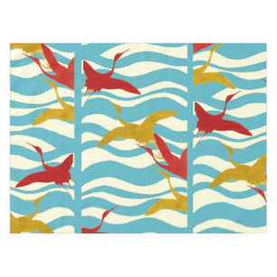 NAPPE CRANES ROUGES JAUNES VOLANT SUR DES VAGUES BLANCHE