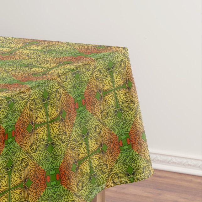 Nappe Damas bohème en vert jaune orange rétro (In Situ)
