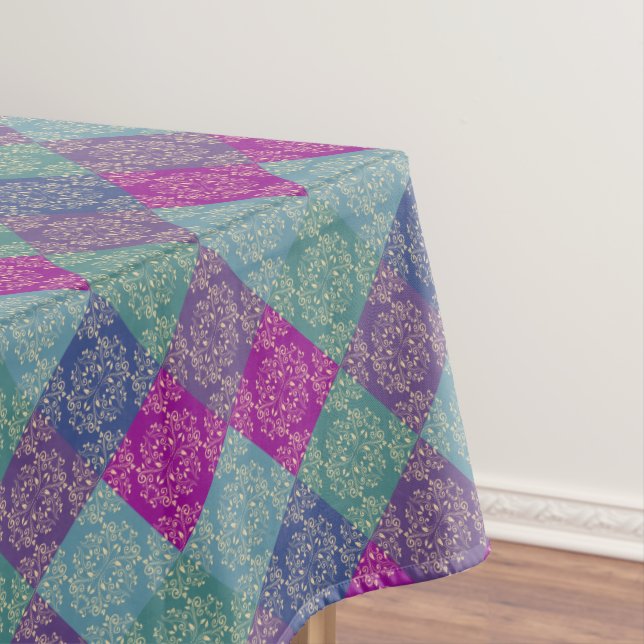 Nappe Damask Peacock Blocs Purple Turquoise Bleu (In Situ)