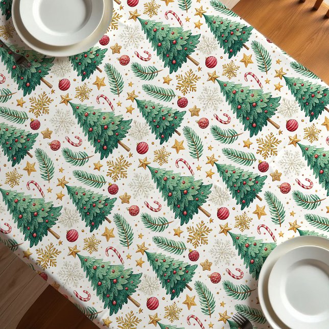 Nappe de Noël classique arbres dorés et verts (Classic Christmas trees gold and green tablecloth)