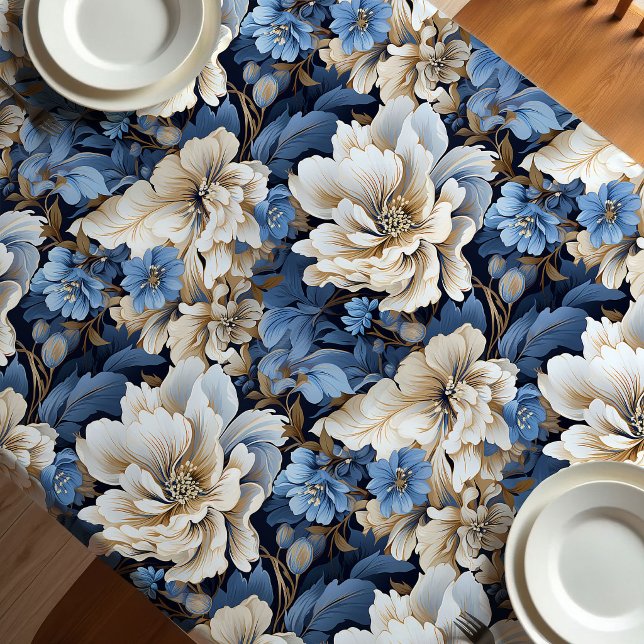 Nappe de table à manger florale bleu blanc ivoire  (Classic Blue White Ivory Floral Dining Tablecloth)