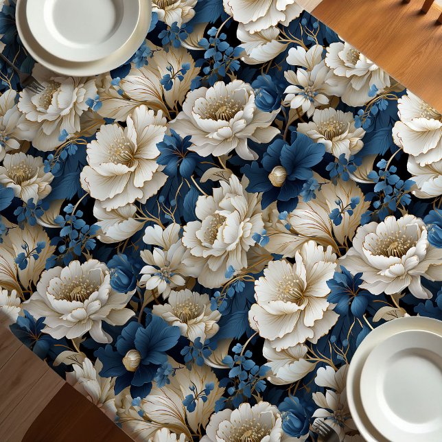 Nappe de table à manger florale bleu ivoire blanc  (Opulent Blue White Ivory Floral Dining Tablecloth)