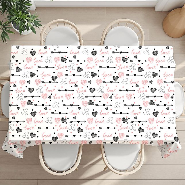 Nappe de table cadeau d'amour romantique Cœurs ros (Romantic Love Gift Tablecloth Pink Black Hearts)