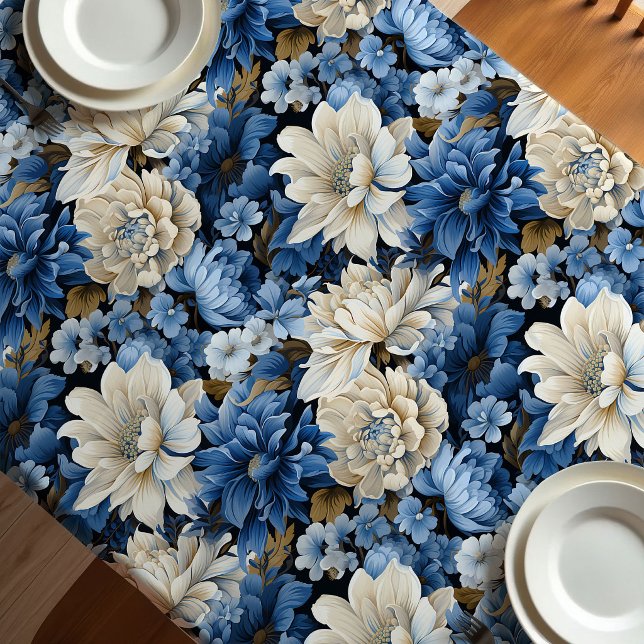 Nappe de table de designer florale ivoire blanc bl (Glam Blue White Ivory Floral Designer Tablecloth)