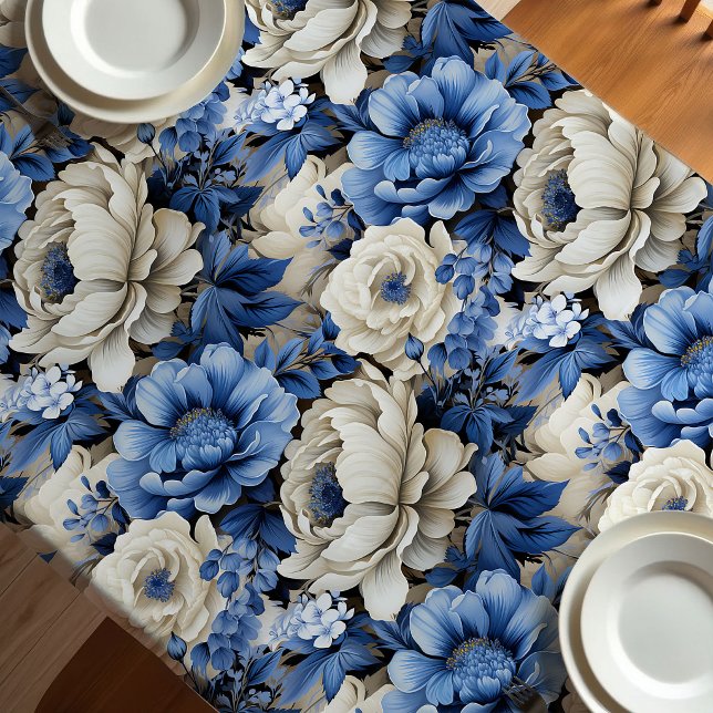 Nappe de table élégante florale ivoire bleu de lux (Luxury Blue Ivory Floral Elegant Dining Tablecloth)