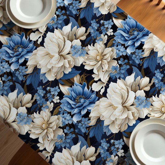 Nappe de table fleurie ivoire bleu tendance élégan (Trendy Blue Ivory Floral Stylish Tablecloth)