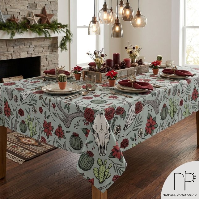 Nappe de table Noël western rouge et vert avec boi (Hand drawn western Christmas tablecloth with reindeer antlers and festive red floral ink art)