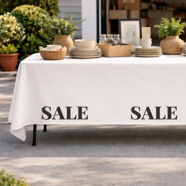 Nappe de vente de garage Vente Présentation Décora (Create a polished, eye-catching setup for your garage sale with this modern “SALE” tablecloth design)