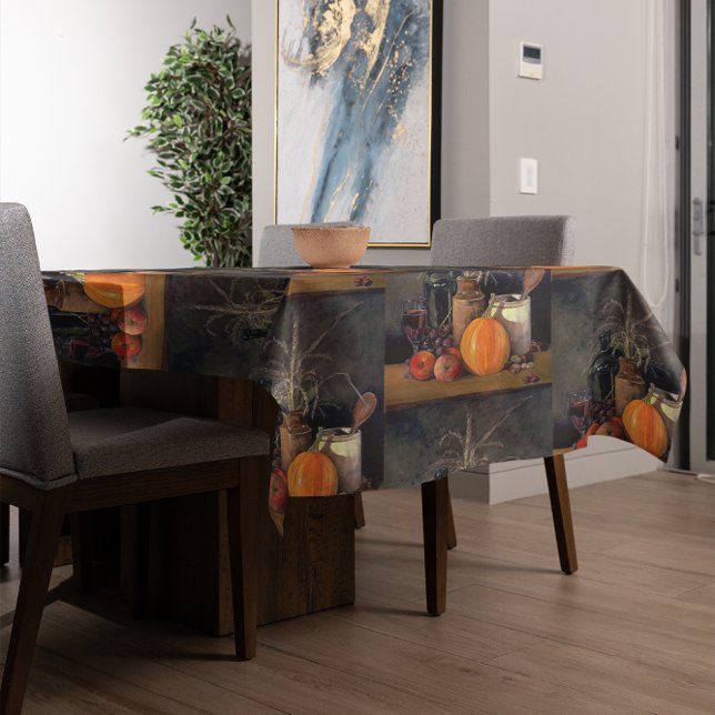 Nappe Décorations d'automne sur table, Citrouille, Fruit (Autumn Decorations on Table, Pumpkin, Fruit, Drink Tablecloth)