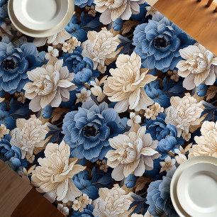 Nappe décorative ivoire à motif floral bleu et bla