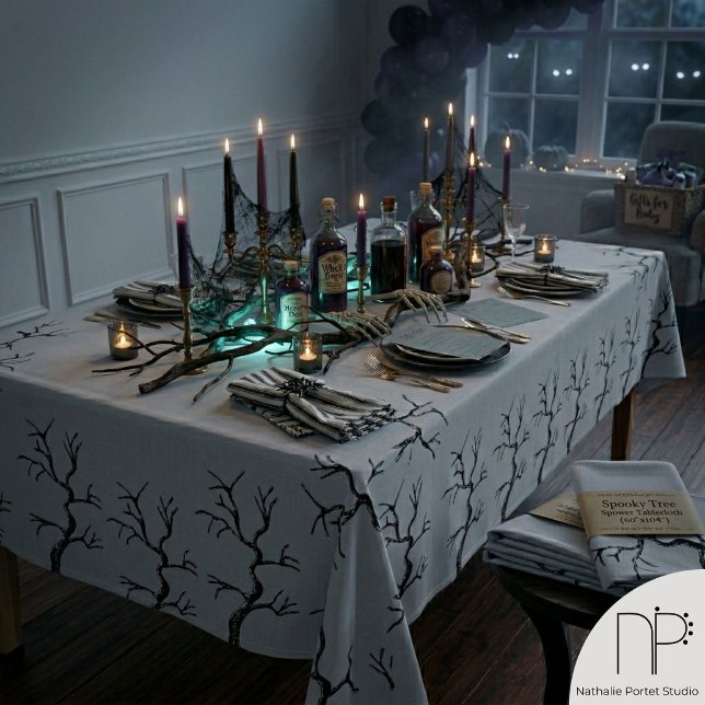 Nappe d'Halloween Haunted Eerie Oaks (Hand drawn eerie oak tree Halloween tablecloth for a sophisticated spooky party decor)