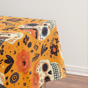 Nappe Dia de Muertos, guitares et crânes de sucre orange