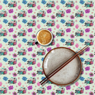 Nappe Dragon Geisha Asiatique Cerisiers en Fleur Bleu