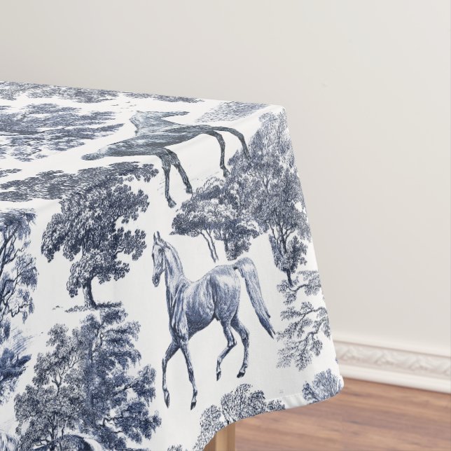 Nappe Elégant Bleu Blanc Rustique Horses Toile (In Situ)