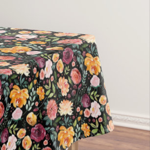 Nappe Elégante aquarelle automne motif floral sur noir