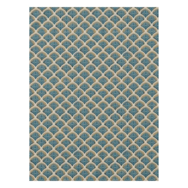 Nappe élégante bleu et or à motif éventail Art déc (Devant)