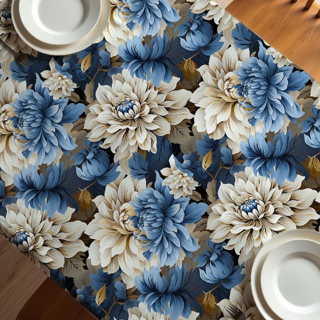 Nappe élégante florale bleu chic ivoire (Chic Blue Ivory Floral Elegant Tablecloth)
