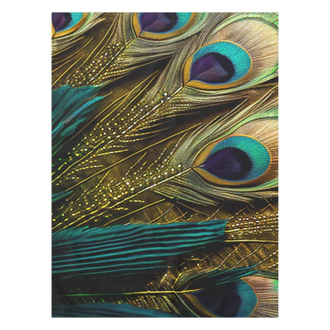 Nappe Elégante Turquoise Abstraite  Plumes Peacock Or | (Devant)