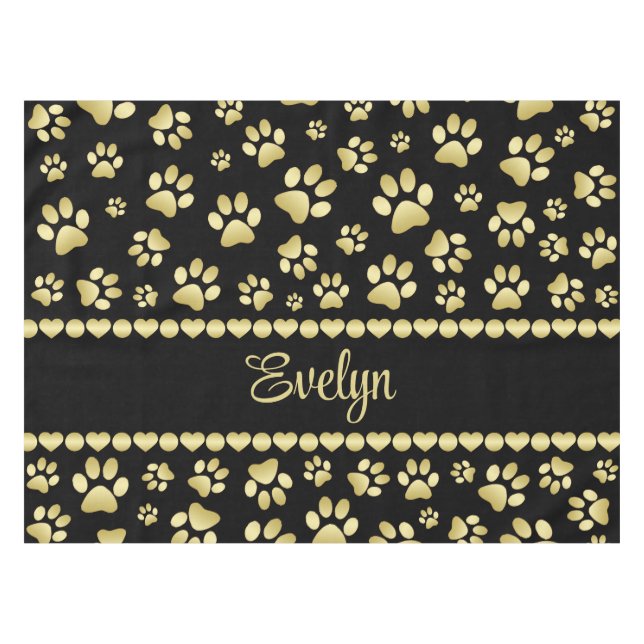 Nappe Empreintes de patte dorées sur fond noir avec nom  (Devant (Horizontal))
