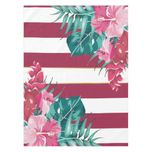 Nappe Eté Fleurs exotiques rayées Bourgogne
