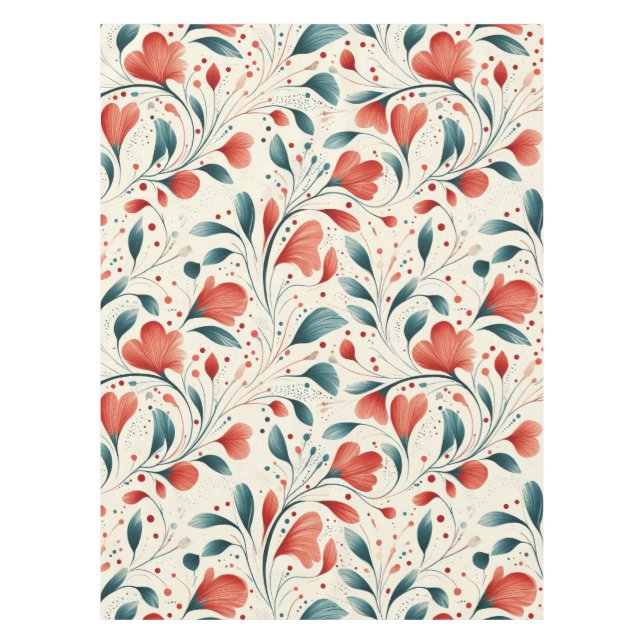 Nappe Feuille bleue blanche et motif floral rouge (Devant)