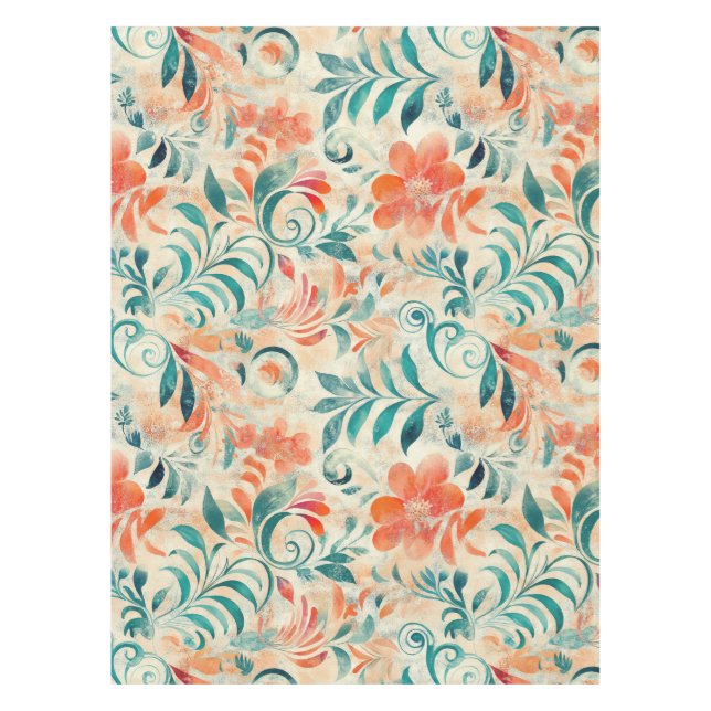 Nappe Feuilles bleus rustiques et motifs floraux rouge-o (Devant)