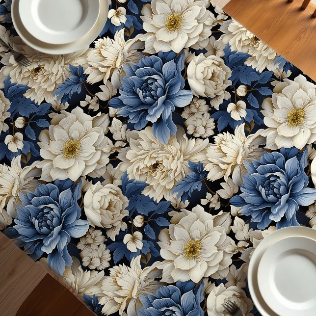 Nappe Fleurie Ivoire Blanc Bleu de Luxe (Premium Blue White Ivory Floral Tablecloth)