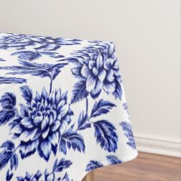 Nappe Fleurs Dahlia Bleues et Blanches Toile de Jouy