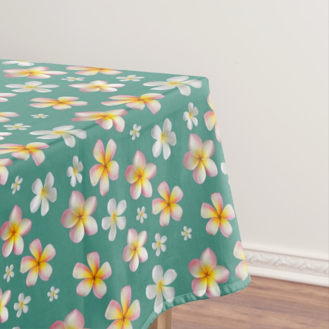 Nappe Fleurs de Plumeria rose et blanc sur fond sarcelle (In Situ)