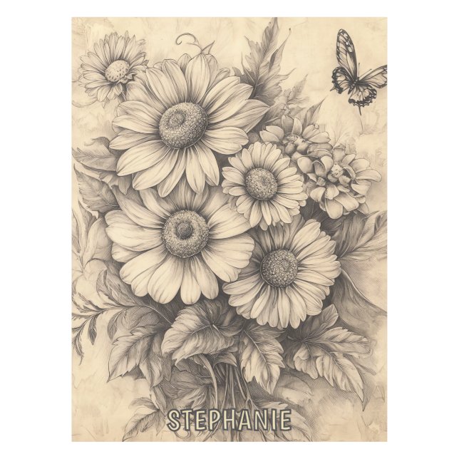 Nappe Fleurs de soleil et papillon - Papier vieilli rust (Devant)