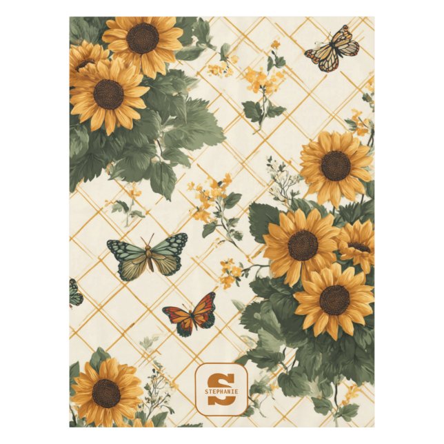 Nappe Fleurs de soleil et papillons sur Jaune clair (Devant)