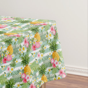 Nappe Fleurs et ananas tropicaux sur les rayures 2 de